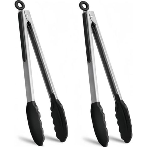 Deux tailles de pinces alimentaires inox silicone 23cm / 30cm anti-haute température adaptées cuisson, friteuse à air et grill (1/5)