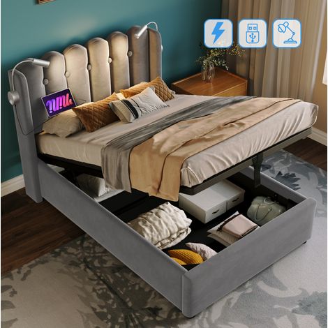 Cama tapizada 90/200 cm gris de terciopelo con almacenaje, USB y luz de lectura (1/5)