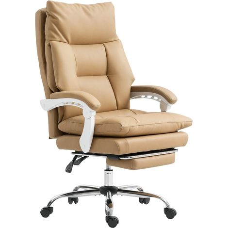 Chaise de bureau ergonomique avec support lombaire, accoudoirs pliables et repose-pieds, simili cuir marron clair (1/5)
