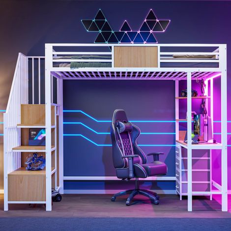 Lit mezzanine 90x200 cm avec bureau et compartiments de rangement et penderie et éclairage LED et prise électrique Métal Blanc