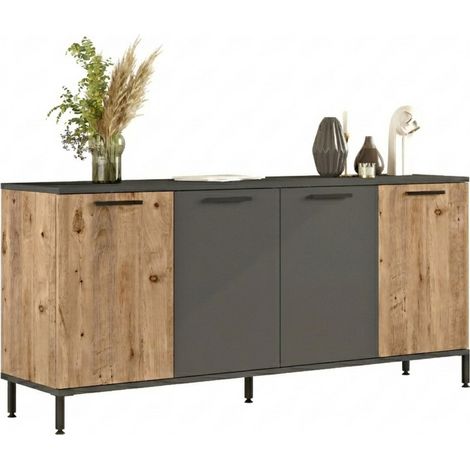 Buffet Bas 4 Portes 4 Niches Chêne et Gris Pieds Métal L 160 H 71.8 P 40 cm (1/5)