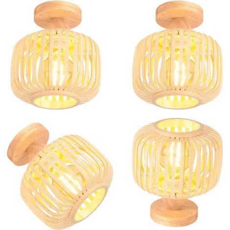 Plafonnier Vintage - - Design Cage - Bois et Bambou - E27 - 4 Ampoules nécessaires (1/5)