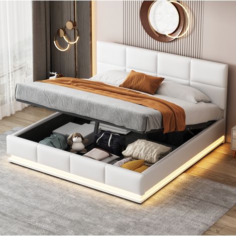 CHICFURN Cama 160x200 cm de polipiel blanca con LED y almacenaje, sin colchón (1/5)