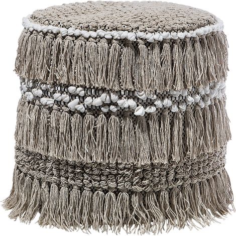 Puf beige de algodón borlas y nudos decorativo boho rústico Noida (1/5)