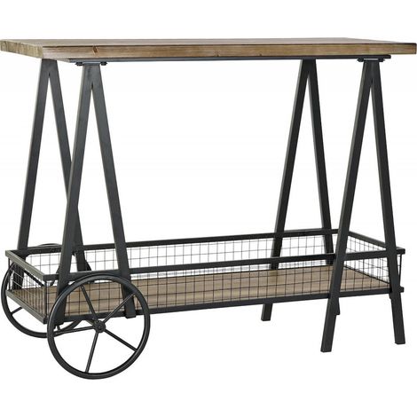 Console élégante industrielle avec rangement et roues - Noir mat et bois naturel (1/5)