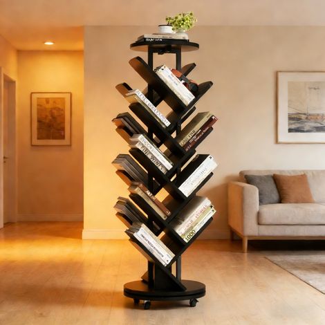 Bibliotheque en forme - Bibliothèque rotative 16 niveaux en forme d'arbre avec roues, rangement gain de place autonome NOIR