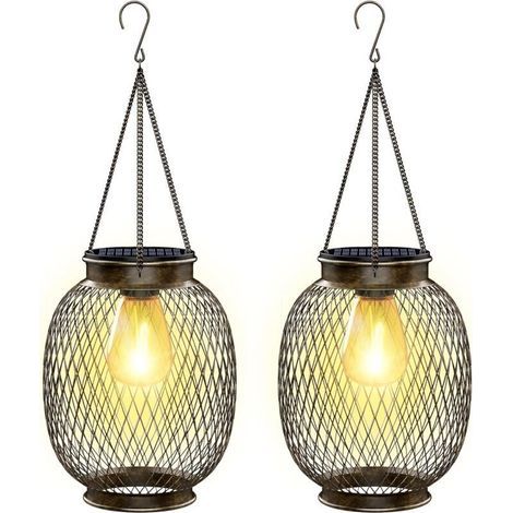 Lampe Solaire Exterieur Jardin Suspendue, IP65 Étanche Lanterne Solaire Exterieur 2 Pièces Métal Lumiere Solaire Exterieur avec Ampoule LED Lampe Solaire Balcon pour Porche Cour Jardin Terrasse [Class (1/5)
