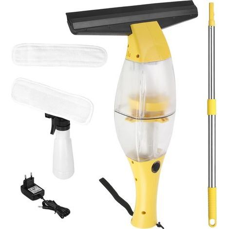 Nettoyeur de vitres électrique sans fil avec manche télescopique, autonomie batterie:40 min,buse d'aspiration 28 cm,vaporisateur avec housse en microfibre pour nettoyage à 360° sans traces à (Jaune) (1/5)