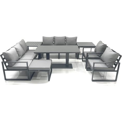 Fimous Garden Sofa Set Aluminium Furniture Rising Dining Tabe Set with 2 Chair Big Footstools 2 Side Tables Dark Grey (1/4)