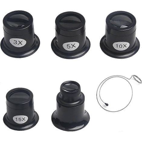 Ensemble de 5 loupes d'horloger, grossissements 3x, 5x, 10x, 15x et 20x, loupe de bijoutier (1/5)