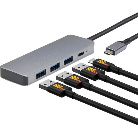 Hub USB 3.2/3.1 Gen 2, 10 Go/s, USB-C vers 1xUSB-C / 3xUSB-A Fonctionne sur Windows/Mac, Argenté, Noir (1/5)