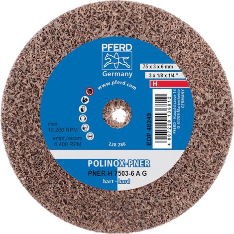 PFERD TOOLS POLINOX verpresstes Vlies-Rad PNER Ø 75x3 mm Bohrung-Ø 6 mm Hart A Grob für Finish 10 Stk (1/4)
