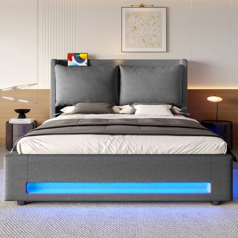 Letto imbottito 160x200 cm in lino grigio scuro con testiera USB-C, LED e contenitore idraulico (1/5)