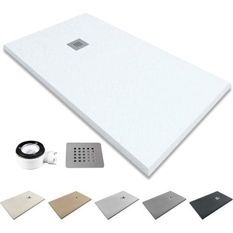 Plato de Ducha de Resina Extraplano Antideslizante Válvula de Desagüe y Rejilla Pizarra Suave Blanco 80 X 120 cm