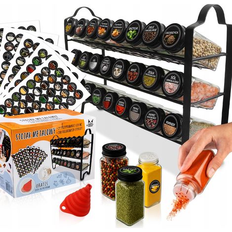 Schwarzer Metallständer + 24 Gläser à 120 ml mit schwarzem Deckel und Sieb + 200 Etiketten + Trichter