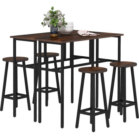6-Piece Industrial Bar Table Set, 2 Breakfast Tables 4 Stools Brown (1/5)