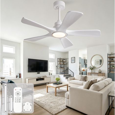 Ventilateur de plafond 107 cm, avec lumière LED, télécommande, 6 vitesses, moteur DC silencieux, blanc