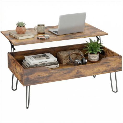 Table basse rectangulaire pour salon, brun rustique, MDF et acier, plateau relevable, rangement caché, 95 x 50 x 40 cm (1/5)