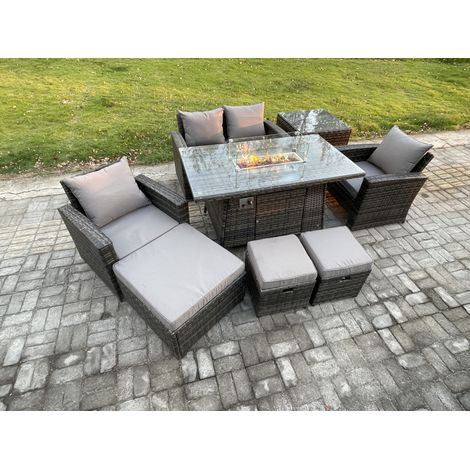 Fimous 7 Seater Outdoor Rattan Sofa Set Garden Furniture Gas Firepit Dining Table Heater with 3 Footstools Side Table Dark Grey Mixed (1/5)
