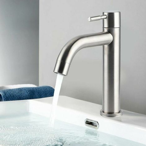 Robinet, G1/2 Acier Inoxydable Brossé Simple Robinet Froid Lavabo Robinet Eau Type Clé Robinet Accessoire de Salle de Bains pour la Maison Cuisine Salle de Bains(Robinet froid simple de cylindre) (1/5)