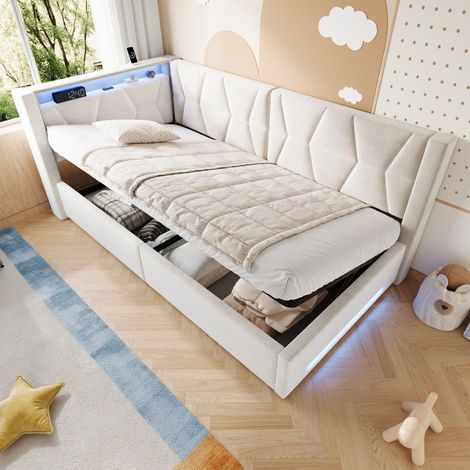 Cama tapizada 90x200 cm con almacenaje, iluminación LED, USB y Type C, somier, terciopelo beige (1/5)