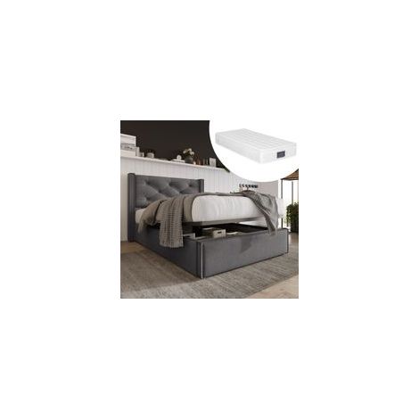 Lit coffre 90x200 cm Lit coffre capitonné avec tête de lit capitonné et sommier à lattes en métal, en coton, gris, matelas inclus (1/5)