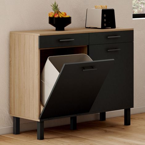 Aparador bajo de cocina con espacio para papelera 100 cm Encimera CINA H.83 cm 2 puertas + cajones acabado haya y negro (1/5)