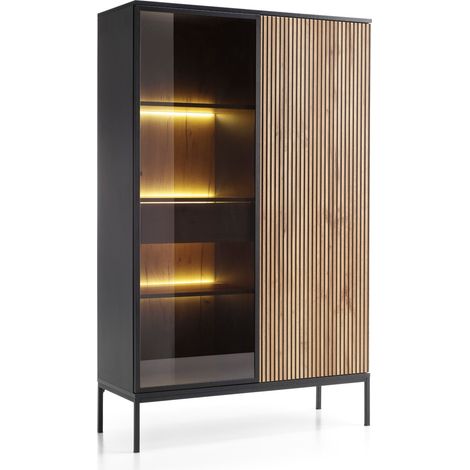 Vitrine LED 104 cm Haller - Vitrine avec porte vitrée & tiroir - Lamelles, éclairage LED - Style loft (Wotan / Noir)
