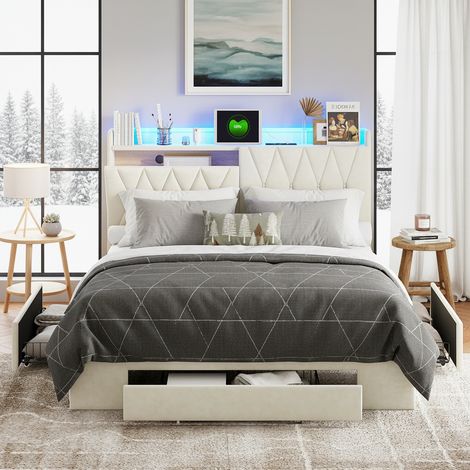 Letto matrimoniale 160x200 cm in velluto beige con 3 cassetti portaoggetti, illuminazione a LED e prese europee