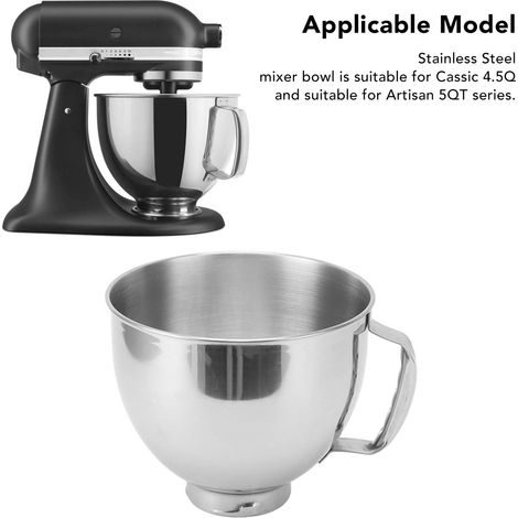 Ortviai Bol mélangeur en acier inoxydable 304 pour KitchenAid Classic 4,5 qt et Artisan 5 qt, avec poignée (1/4)