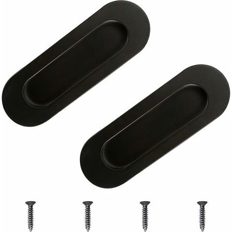 Poignées de meuble, deux poignées encastrées pour portes coulissantes, en acier inoxydable noir, de forme ovale, avec mécanisme affleurant, adaptées aux meubles à tiroirs. (1/4)