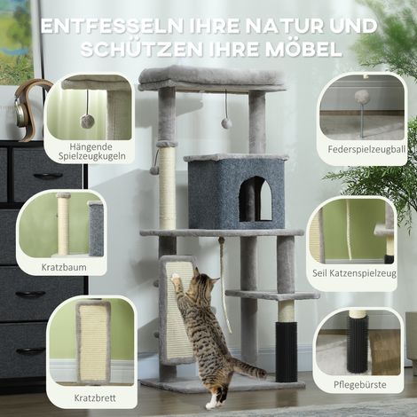 Arbre à chat 132 cm avec poteau à griffer, lit, cabane, plateformes de saut, brosse de toilettage, gris clair (1/5)