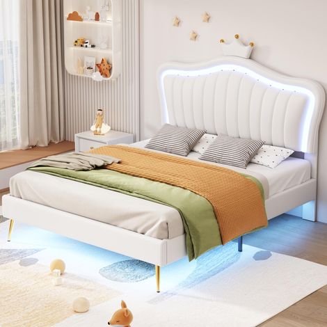 Lit enfant rembourré 140x200 cm avec sommier à lattes, LED intégrées, tête de lit couronne en PU blanc, lit fille (1/5)