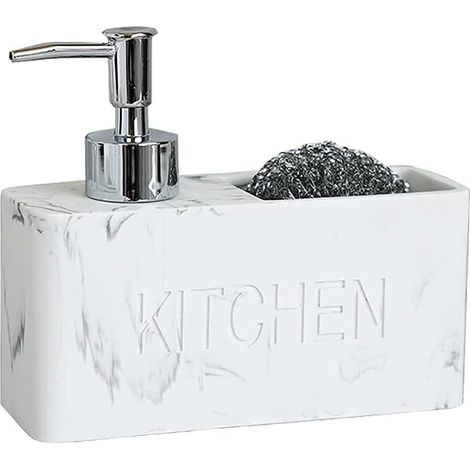 Distributeur de savon avec porte-éponge, motif marbre blanc, adapté aux étagères de cuisine, éviers, rangements, décoration de cuisine, blanc