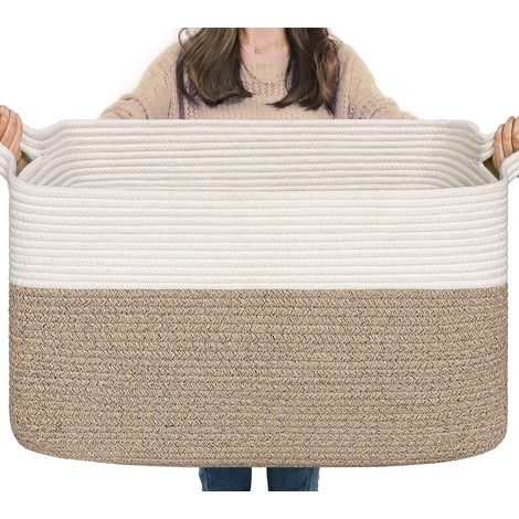 Grand panier de rangement 65 L tressé – Blanc & Marron