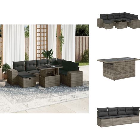 Salon de jardin 8 pcs avec coussins gris résine tressée - Ensemble Salon De Jardin - Mobilier De Jardin - Salon D'extérieur - Table Extensible - Chaise Lounge (1/5)