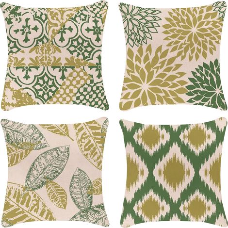 Lot de 4 housses de coussin décoratives 40x40 cm housse de coussin lin vert motif géométrique housse de coussin, housse de coussin décorative pour la maison-Fei Yu (1/5)