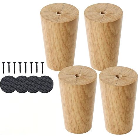 Pieds de Meubles en Bois Massif Conique 8 cm - Pour Canapé, Armoire - Naturel Avec Plaque de Montage, Vis, Tapis Antidérapants (1/5)