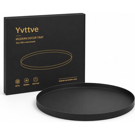 Plateau Rond Noir en Métal avec 3 Bandes Adhésives, Plateau de Service en Acier Inoxydable Bijoux et Organiseur/Bougie Assiette Plateaux Décoratif Ø 32 cm Noir (1/5)