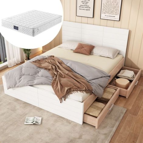 Lit - KOMHTOM - Chêne Blanc - 160x200 cm - 2 tiroirs - Matelas 720 ressorts (1/5)