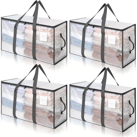 Grand Sac de Rangement Lot de 4 avec Couvercle 94L, Sac de Rangement pour Couette Pliable Imperméable avec Fermeture éclair et poignée pour Déménagement, Camping, Linge de lit, Rangement (1/5)