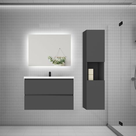 Ensemble meuble anthracite et vasque L.80cm 2 tiroirs + colonne1 haut + lavabo + miroir 80x60cm-suspendu