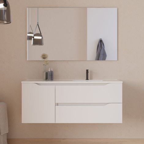 Meuble de salle de bain 120cm avec vasque déportée à droite et miroir - 2 tiroirs et un placard - blanc - ZARZA (1/5)