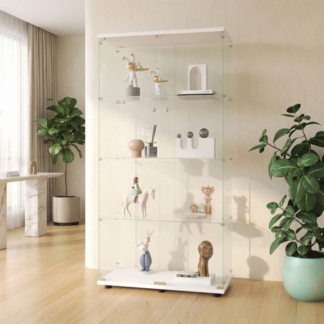 Vitrine 80,5 x 36,3 x 164,3 cm, Glasvitrine mit 4 Ablagen und Doppeltüren, aus gehärtetem Glas, staubgeschützt, weiß