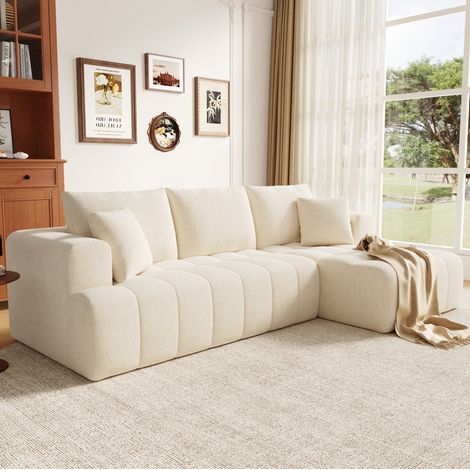 Divano angolare modulare in tessuto felpa (chenille) beige, senza struttura, 244,5 x 136 x 79 cm, 3-4 posti con 2 cuscini