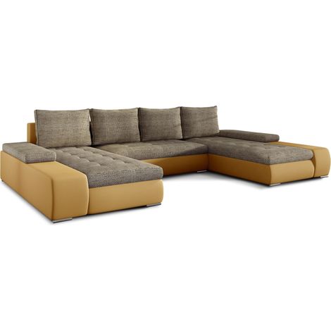 Canapé panoramique convertible TINO bi-matière avec rangement-Jaune moutarde/Beige clair chiné (1/5)