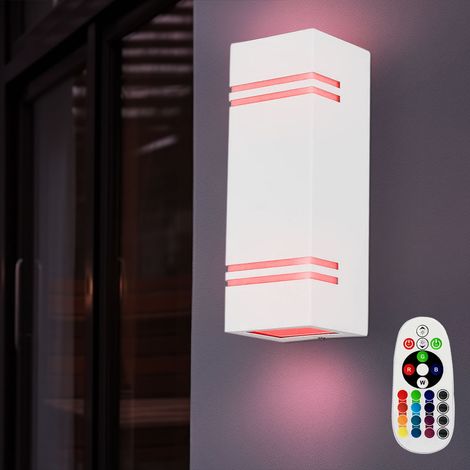 Außenwandlampe dimmbar mit Fernbedienung Haustürleuchte Up Down Wandleuchte weiß, RGB Farbwechsel, 2x 3,5W 2x 290lm warmweiß, BxH 8,7 x 8,5 cm