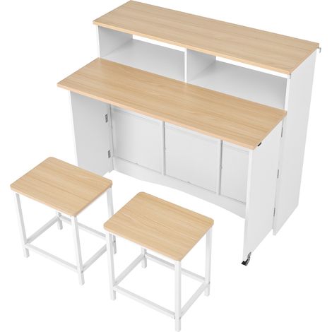 Îlot de cuisine sur roulettes, îlot de cuisine avec coin repas extensible et chaises, buffet offrant un grand espace de rangement, idéal pour la cuisine et la salle à manger (Blanc) (1/5)