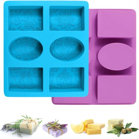 2 Pièces Moule Savon Silicone 6 Cavités Avec Moule À Savon Réutilisable Moules À Savon, Moules À Savon Fait Maison Hand Made 3D Ovale Rectangulaire pour Fait Artisanat (Bleu/Violet) (1/5)