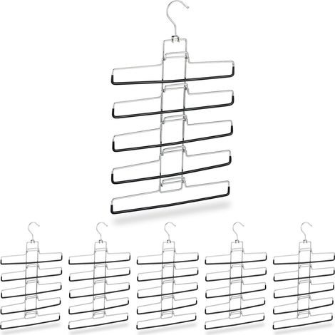 6 Perchas Múltiples, 30 Pantalones, Ahorra Espacio, Antideslizantes, Hierro-PVC, 52x33,5x2 cm, Plateado